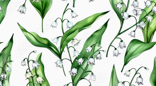 Lilies of the valley on white background, watercolor pattern design.