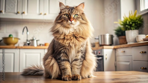 Fantasy cat with large size and fluffy fur sitting in a kitchen, fantasy, cat, kitchen, big, fat, fluffy, fur, adorable, cute, animal, unique, whimsical, magical, oversized, domestic, pet