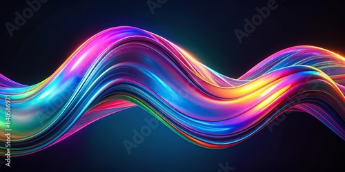 Abstract fluid holographic iridescent neon curved wave in motion on dark background, render, gradient, design element, banner, background, wallpaper, cover, colorful, vibrant, futuristic