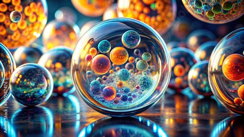 Abstract glass sphere reflecting Petri dishes in HD 8K resolution, petri dishes, science, laboratory, research, microbiology, glass sphere, abstract, geometric, colorful, reflection