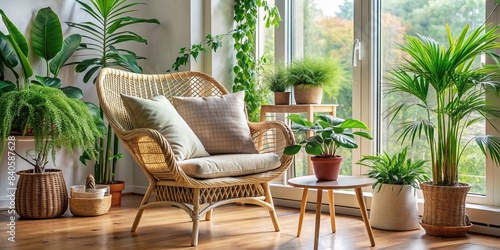 Comfortable rattan armchair with pillows and green plants on windowsill , rattan armchair, pillows, green plants, windowsill, interior design, furniture, comfort, cozy, relaxation