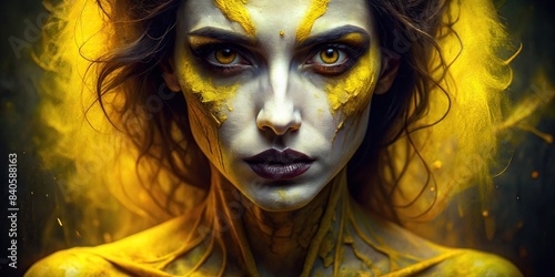 Scary skinned yellow weird woman, with eerie features and haunting expression, horror, creepy, strange, bizarre, spooky, mysterious, unnatural, uncanny, disturbing, frightening