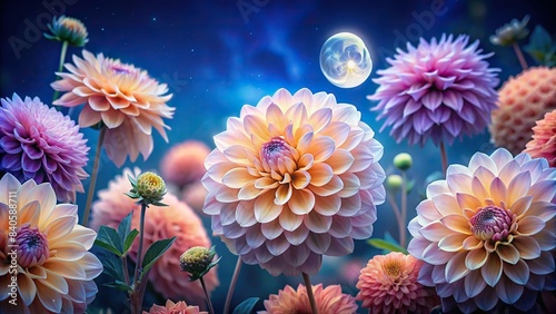 Surreal beauty of Dahlia flowers in the moon's soft light, showcasing a dreamy spectrum of colors deep indigo to delicate peach, creating an aerial symphony of hues, Dahlia, flowers