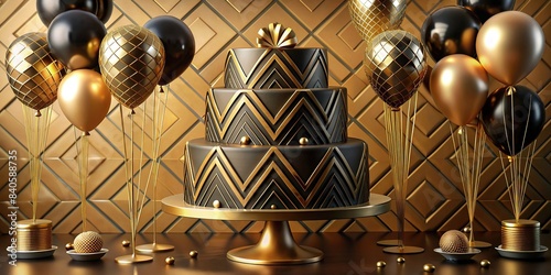Art deco birthday cake with golden accents and geometric patterns, surrounded by gold and black balloons on a solid gold background, art deco, birthday cake, golden accents