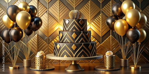 Art deco birthday cake with golden accents and geometric patterns, surrounded by gold and black balloons on a solid gold background, art deco, birthday cake, golden accents