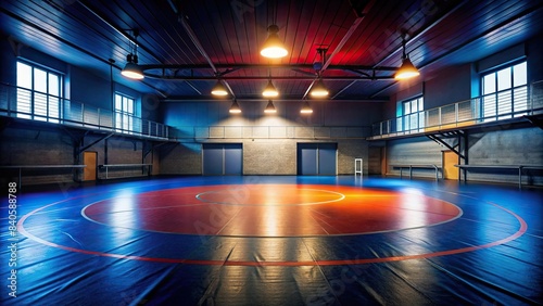 Vertical full shot of an empty wrestling mat in a dimly lit gym , sport, wrestling, competition, gym, training, athletics, exercise, mat, arena, indoor, empty, challenge, competitive, ground
