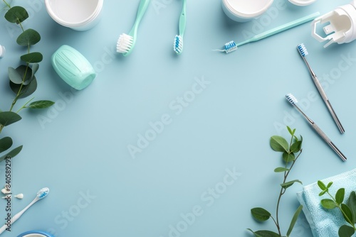 A set of dental hygiene tools including a toothbrush, floss, and dental mirror, arranged neatly on a clean surface 