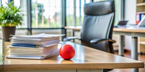 Close-up of an empty office desk with documents and stress ball, depicting workplace pressure, stress, pressure, work, office, mental health, physical health, anxiety, deadlines, environment