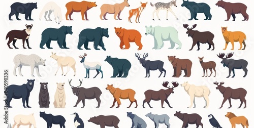 Isolated north American animals on white background. Modern illustration.