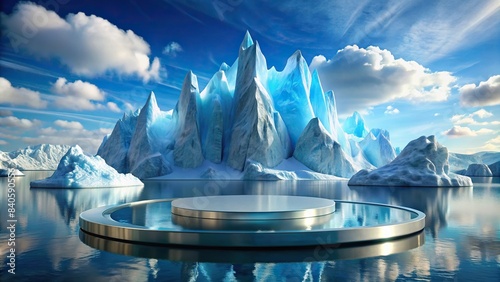 Arctic iceberg mountain landscape crystal stand product display platform on water glacier , ice, cold, cool, fresh, winter, north pole, frozen, snow, freeze, dark, sky, night, blue