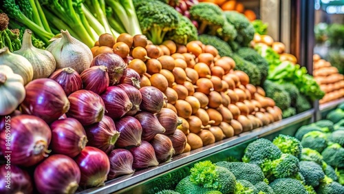 Close-up of fresh vegetables like shallots and broccoli displayed in a supermarket window , shallots, broccoli, fresh, vegetables, supermarket, window, display, shopping, grocery, healthy