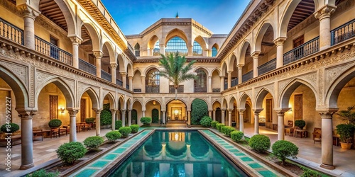 Courtyard with central pool surrounded by arched openings , architecture, design, outdoor, space, tranquil, serene, elegant, luxury, vacation, relaxation, poolside, symmetry, symmetry