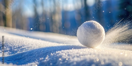 White snowball rolling downhill with fast speed against blurry winter background, snowball, rolling, fast speed, white, winter, cold, snow, icy, movement, motion, outdoors, nature, seasonal