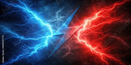 A dynamic design featuring a lightning bolt in red and blue colors, symbolizing opposition or confrontation , conflict, struggle, challenge, opposition, fight, clash, rivalry, battle