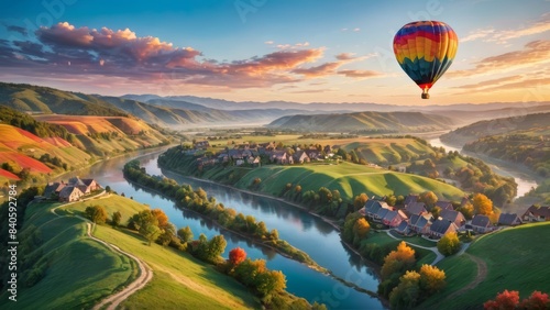 Hot Air Balloon Over Scenic River Valley at Sunrise