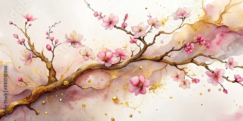 Abstract sakura branch with alcohol ink paint and gold accents on white background, flowers, sakura, branch, fluid, alcohol ink, paint, gold accent, soft tones, white background, abstract