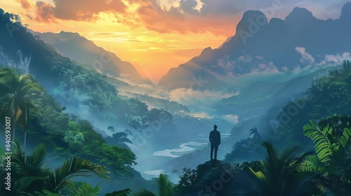 serene solitude lone hiker contemplating misty mountains at dawn lush tropical rainforest landscape digital painting