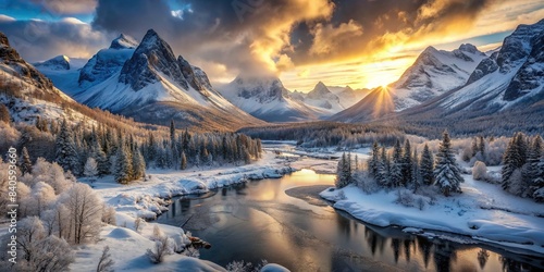 Fantastic winter epic landscape of mountains with a Celtic medieval forest, frozen nature, glaciers, mystic valleys, dark canyons, and day and night scenes , mountains, winter, landscape