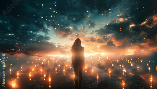 A woman stands in a field of lit candles
