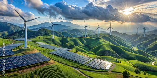 A scenic view of a sustainable energy wind farm adjacent to a massive solar farm on a green hillside , renewable energy, engineers, workers, walking, eco-friendly, green energy