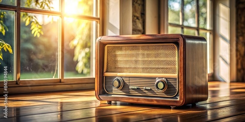 Stylish retro radio player on wooden table with music playing, illuminated by daylight from window , music, retro, radio, player, vintage, style, wooden table, daylight, window, interior, home