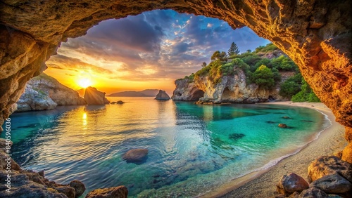 Beautiful cave beach at sunset with stunning sea blue water, creating a paradise-like atmosphere, cave, beach, sunset, sea, blue water, beautiful, paradise, tranquil, peaceful, serene, nature