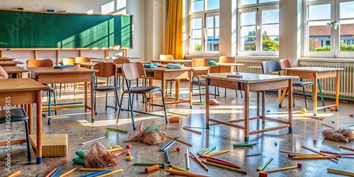 Empty classroom with scattered school books and broken pencil, symbolizing children victims aggression and bullying, school, boys, fight, classroom, aggression, bullying, children