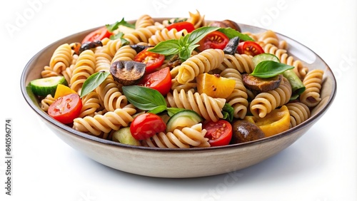 Whole wheat fusilli pasta with grilled vegetables bowl isolated on white background, healthy, vegetarian, pasta, Italian, cuisine, food, meal, dish, bowl, vegan, fresh, wholesome, delicious