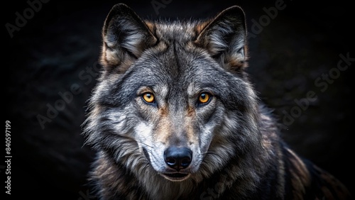 Scary dark gray wolf making direct eye contact in the dark , wolf, Canis lupus, predator, wildlife, animal, scary, fearsome, menacing, intense, gaze, black background, wilderness, danger