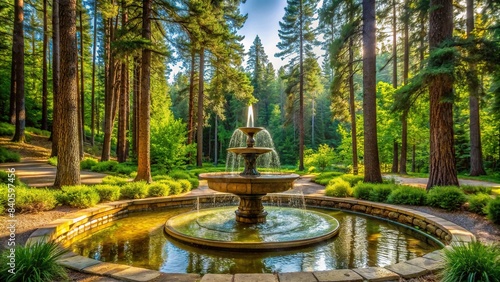 Tranquil view of a fountain nestled in a serene pine forest, nature, tranquil, fountain, pine trees, woods, peaceful, outdoor, landscape, serene, calm, scenic, beauty, wilderness