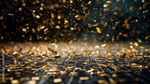 shimmering gold confetti rains down on an empty dance floor creating a festive atmosphere abstract photography