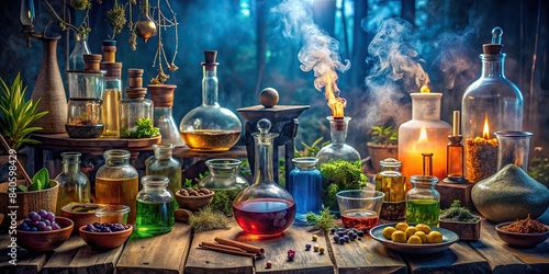 A mystical potion brewing setup with ingredients and tools in high resolution, alchemy, magic, fantasy, brew, cauldron, spell, enchantment, mystical, ingredients, tools, potion, brewing