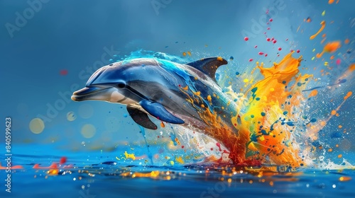 A vibrant digital painting of a dolphin leaping out of water with colorful splashes, showcasing creativity and marine life.