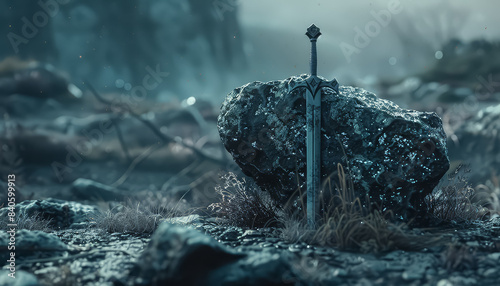 A sword is on top of a large rock in a field