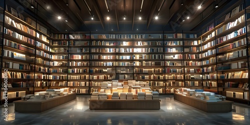 Contemporary Interior Design of an Overcrowded Modern Library with Excessive Books and Shelves. Concept Interior Design, Contemporary Style, Overcrowded Space, Modern Library, Excessive Books