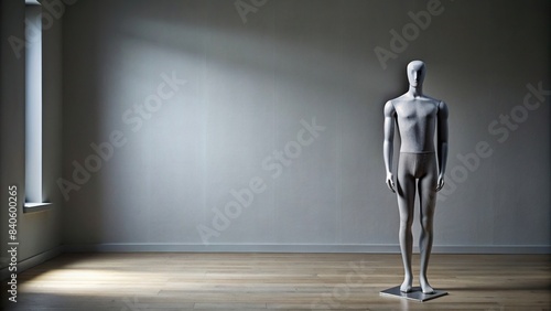 Gray mannequin standing alone in a studio, fashion, display, store, clothing, model, style, trendy, showcase, minimalistic, neutral, empty, form, plastic, accessories, sales, retail