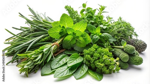Assortment of edible green herbs on a white backdrop , basil, culinary, healthy, herbs, aromatic, plants, cuisine, food styling, green, variety, ingredients, organic, fresh, natural