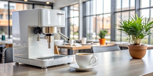 A coffee machine brewing coffee in a white cup in an office setting with a modern and convenient workspace atmosphere , coffee, machine, brewing, office, environment, workspace, modern