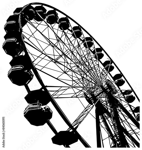 Ferris wheel low angle view, illustration in black, isolated 