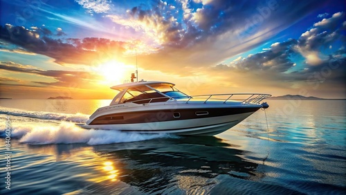 Sleek speedboat gliding on calm waters in the bright sun, symbolizing leisure and adventure at sea, speedboat, water, ocean, sea, leisure, adventure, vacation, travel, luxury, elegant