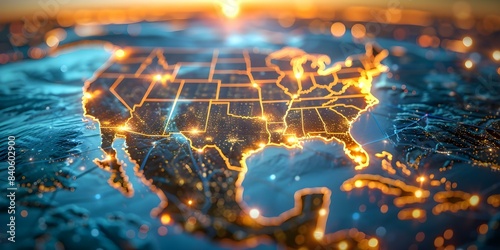 3D Rendering of the United States at Night with Glowing City Lights Illustrating Global Network. Concept 3D Rendering, United States, Night, Glowing City Lights, Global Network