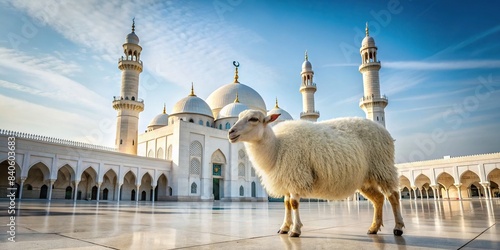 A white sheep standing in the courtyard of a mosque with domes and minarets in the background, sheep, mosque, courtyard, domes, minarets, religious, architecture, peaceful, tranquil, serene