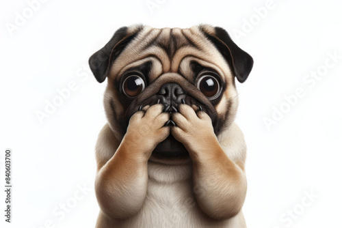 Funny pug dog covers his mouth with his paws Isolated on white background