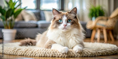 Adorable ragdoll cat relaxing on pet mat in living room , ragdoll cat, pet mat, living room, adorable, cozy, domestic, feline, fluffy, cute, companion, home, comfort, relaxation, relaxation