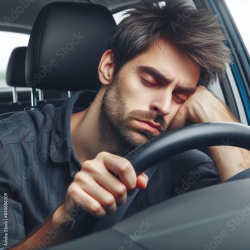 Sleepy tired man driving a car, dangerous driving