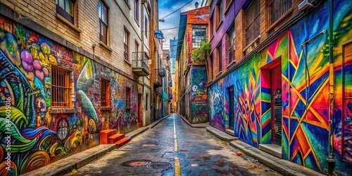 Vibrant alleyway with colorful walls and graffiti , Alleyway, colorful, vibrant, walls, graffiti, urban, street art, bright, young, man, caucasian, attractive, walking, alone