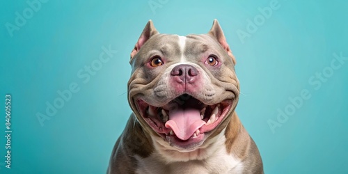 Excited American Bully posing on pastel blue background, American Bully, dog, pet, excited, full length, portrait, animal, canine, happy, playful, energetic, purebred, breed, mammal