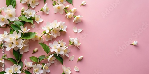 Top view of delicate jasmine flowers on a soft pink background, with copy space , jasmine, flowers, pink, background, top view, copy space, fresh, fragrant, floral, beautiful, leaves, petals