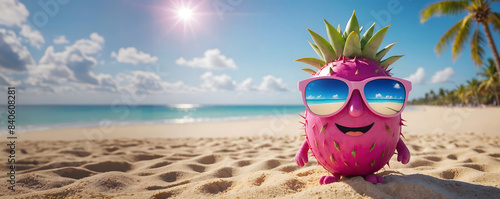 Pitaya fruit sur la plage en bord de mer avec lunettes de soleil, espace vide pour du texte