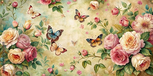 Vintage background with intricate roses and delicate butterflies , retro, antique, romantic, floral, vintage, decoration, nature, beauty, old-fashioned, nostalgia, garden, elegant, pattern